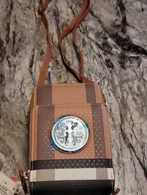 Brown Crossbody Phone Bag with Decorative Medallion